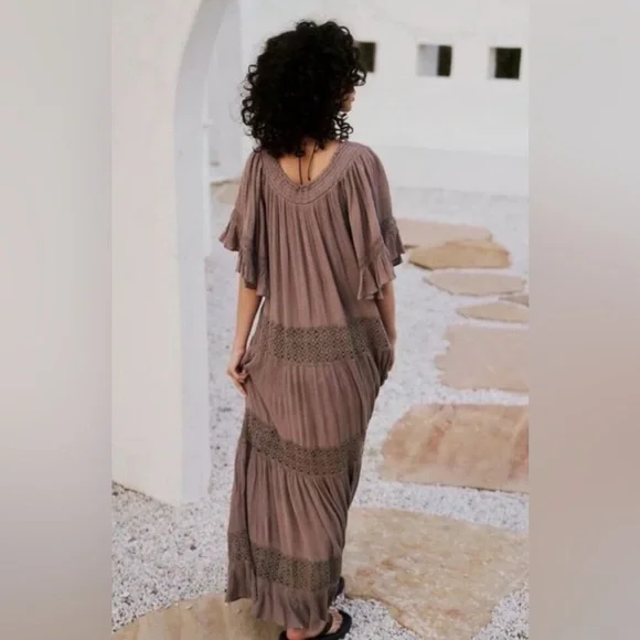 Free People Dream On Crochet Lace Maxi Dress Petrified Wood Gray Purple - Picture 2 of 12
